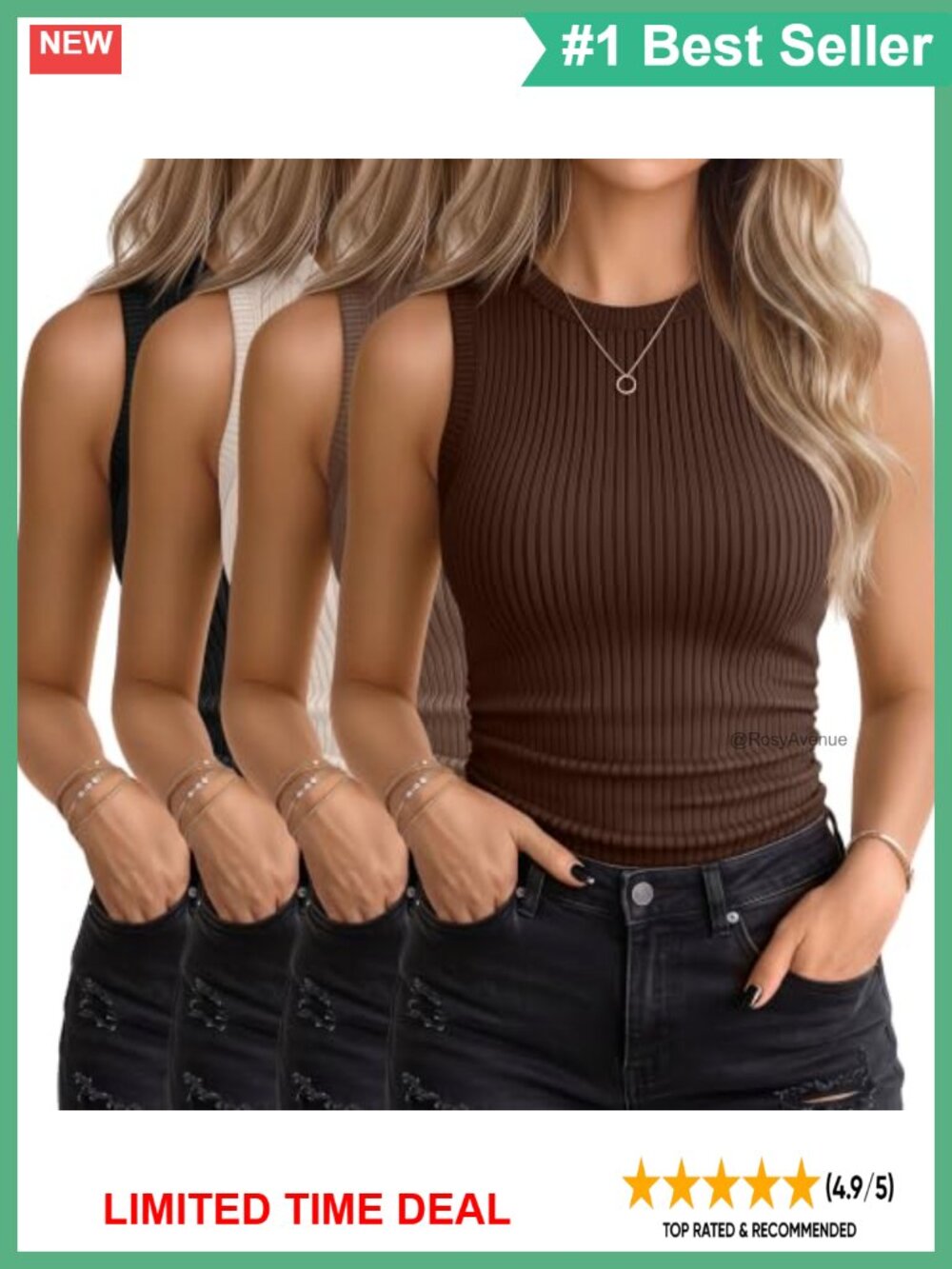 4 Pack Women's Ribbed Cotton Tank Tops High Neck Racerback
